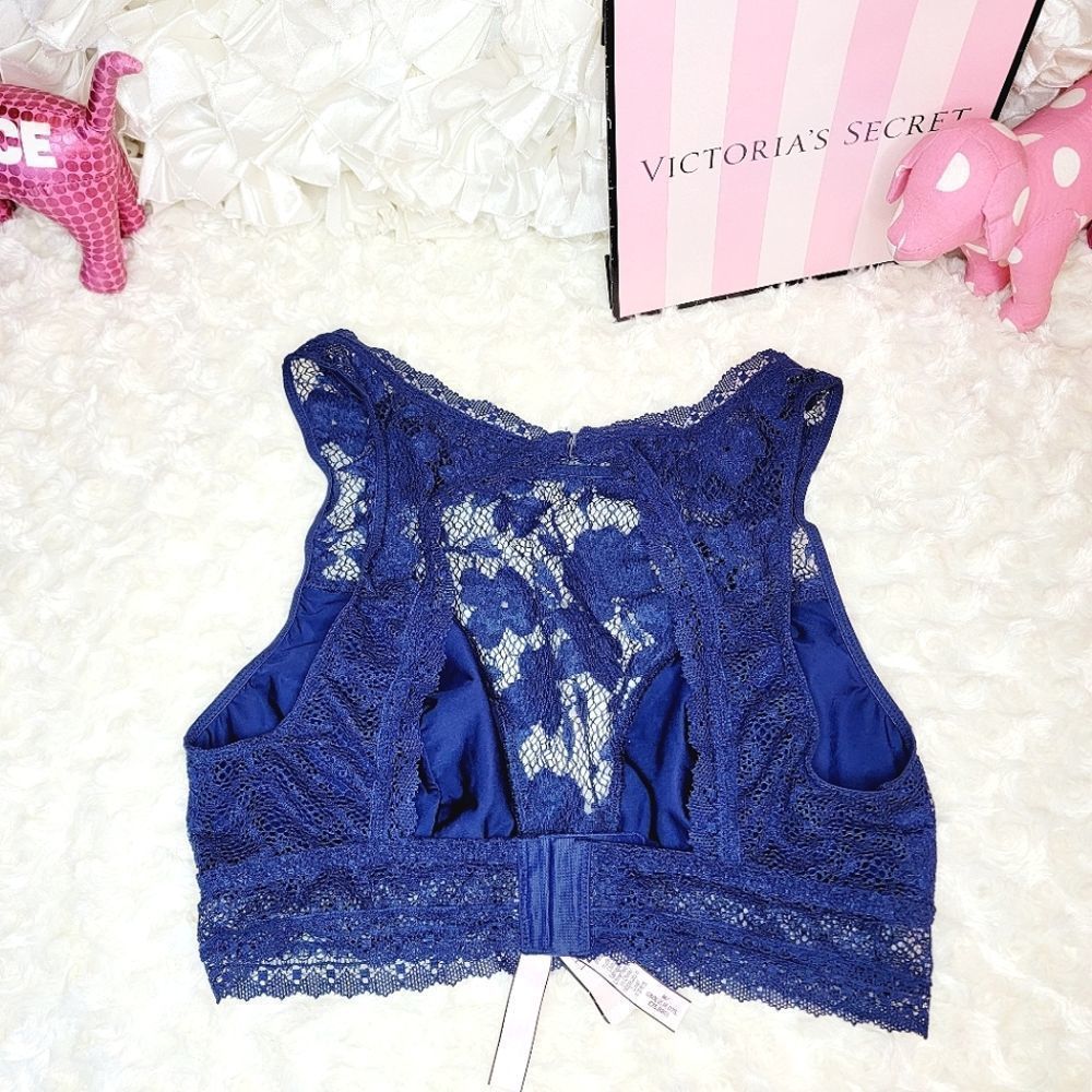 NWT 2 PC VICTORIA SECRET BRALETTE CHEEKINI NAVY BLUE LACE MEDIUM M - Picture 3 of 6